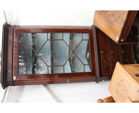 A 19TH CENTURY MAHOGANY AND SATINWOOD INLAID CORNER CABINET with an astragal glazed door above cupboard with faux drawers bel