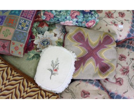 A SELECTION OF ANTIQUE VINTAGE AND CONTEMPORARY TAPESTRY EMBROIDERED CUSHIONS and velvet lined cushions etc