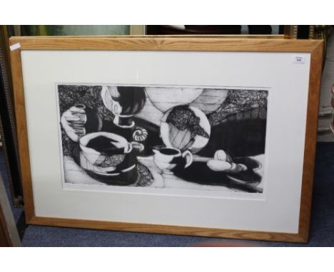 A CONTEMPORARY ETCHING 'Past and Presents', indistinctly signed by Janet Lueck (?), 35cm x 69.5cm together with further decor