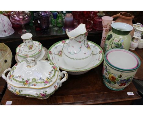 A ROYAL DOULTON PORCELAIN WASH JUG AND BASIN decorated with flowers, a set of Victorian cabinet plates, two flower painted ja