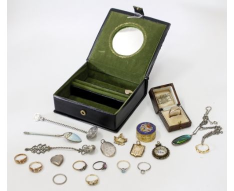 A SMALL JEWELLERY BOX and contents therein including a micro mosaic lidded trinket box, a Norwegian enamel spoon by Marius Ha