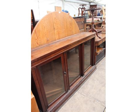 A 19TH CENTURY MAHOGANY SIDE CABINET with three glazed doors, 164cm wide together with a Victorian mahogany fold over card ta