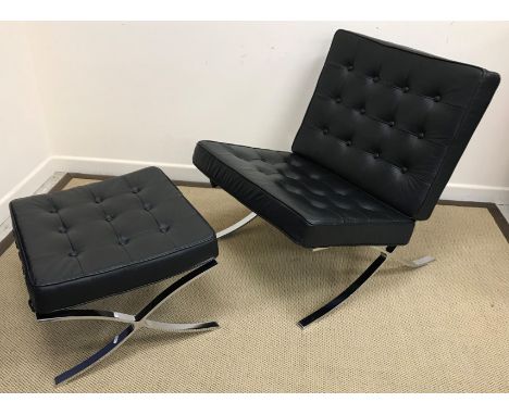 A "Barcelona" chrome framed button backed black leather upholstered chair after the original design by Mies Van Der Rohe and 