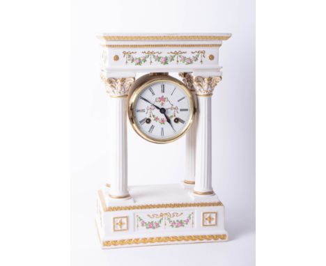 Porcelain 'Empress Josephine' Portico clock decorated with roses, by 'Franklin Mint', Roman dial, striking the hours and half