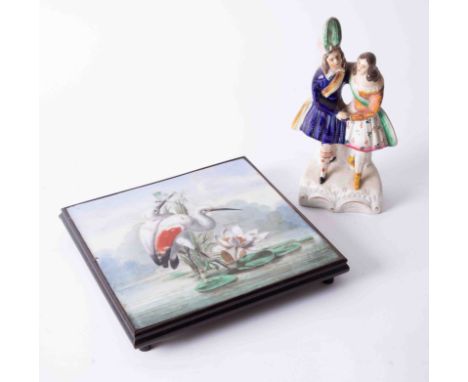 Staffordshire figure depicting couple dancing in period costume height 20cm, together with hand painted porcelain tile depict