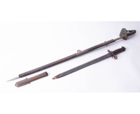 A Naval sword 19th/early 20th Century, the blade with indistinct markings, length 97cm with scabbard (poor condition) togethe