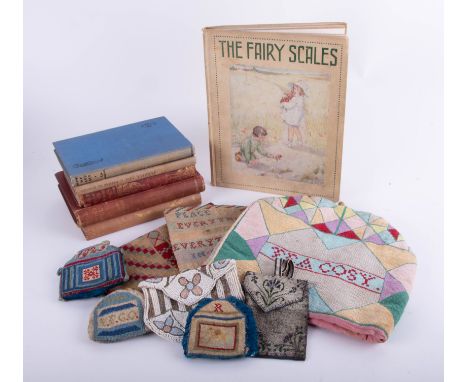 A collection of various general books including A.A. Milne, R.L. Stevenson and Rudyard Kipling, together with textiles includ