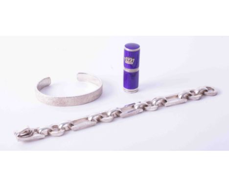 A contemporary silver bracelet and slave bangle and a silver metal &amp; blue enamel lipstick case.