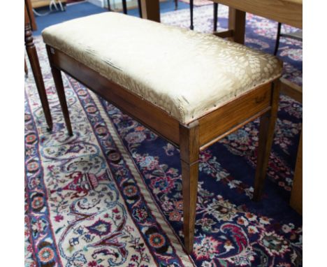 Three Vintage tables, kidney table, two tier table and circular wine table together with a piano seat.