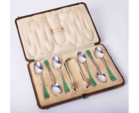 A boxed set of Liberty &amp; Co enamel tea spoons and tongs, 7 piece.