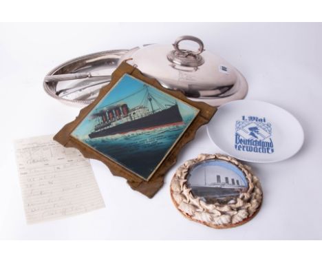 Of White Star Line interest, circular shell frame with Titanic print, Cunard Liner Lusitania commemorative plaque, White Star