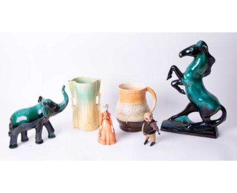 Royal Worcester figure, modern, 'Rendezvous', art pottery jug and Beswick vase, Blue Mountain stallion and elephant and clock