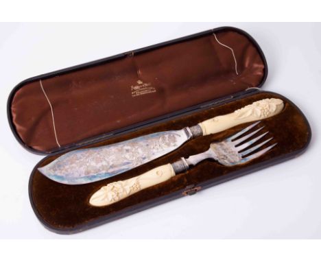 A pair Princess Plate fish servers with carved ivory handles, boxed, Mappin &amp; Webb.