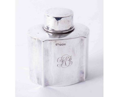 Solid silver tea caddy with plain oval body removable top dimensions 10cm x 9cm x 7cm, hallmark London assay, maker RR date l