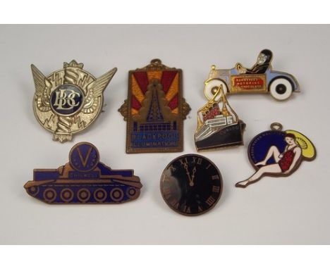 ENAMEL BADGES.
Various badges & pendants including 'Rowntrees Motoring Chocolate', 'Chilwell Tank Fund', 'Cunard' four-funnel