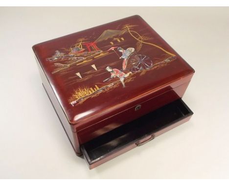 JEWELLERY CASE.
An oriental lacquered jewellery case with a single drawer, the lid inlaid with mother of pearl, the interior 