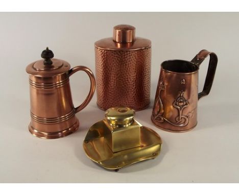 COPPER & BRASS WARE.
An Art Nouveau copper jug by Sankey, a Sankey hammered caddy & two other pieces.