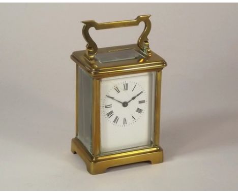 CARRIAGE CLOCK.
A French brass cased, four glass carriage clock. enamel dial cracked. Height 10.5cm.