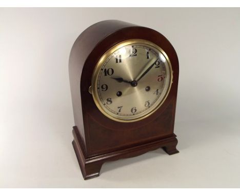 MANTEL CLOCK.
A mahogany inlaid & veneered mantel clock, retailed by Meek's, Penzance.  