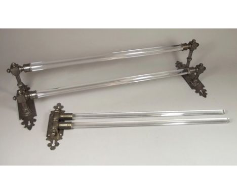 TOWEL RAILS.
Two metal mounted glass towel rails. CONDITION REPORTS: The 'two stepped' towel rail is in generally good condit