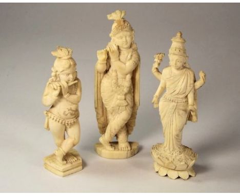 INDIAN FIGURES.
Three Indian ivory figures, two musicians & a four-armed goddess. Tallest 13cm.
 CONDITION REPORTS: 1. Musici