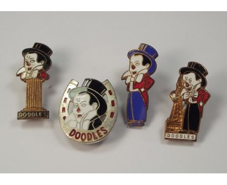 ENAMEL BADGES.
Four 'Doodles' Blackpool Tower Circus clown badges.
Note: Lots 400-414 are mostly badges by Miller of Birmingh