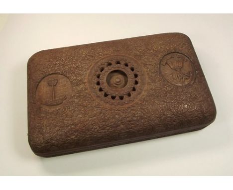 REGIMENTAL CARVED BOX.
A carved hardwood cigar box, one cartouche carved a palm tree & R.W.A.F.F. (Royal West Africa Frontier