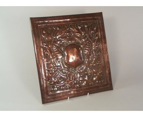 NEWLYN COPPER.
A Newlyn Industrial Class copper panel decorated with seahorses, possibly for a blotter or stationery folder c