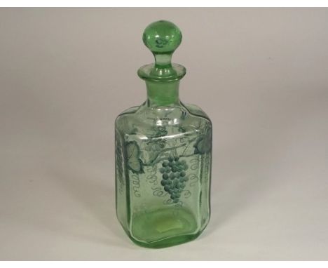 VENETIAN DECANTER.
A Venetian, hand blown & etched, small glass decanter with hand painted grapes & vines.
Max. height 22cm.