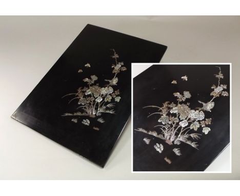 VIETNAMESE PANEL.
A Vietnamese lacquered wall panel, inlaid with mother of pearl. Original printed paper label.
36.5 x 27cm.