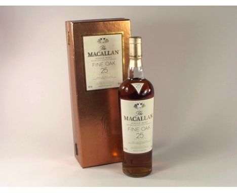MACALLAN MALT WHISKY.
A bottle of Macallan single malt, 25 year old Highland Scotch whisky, with barcode dating this bottle c