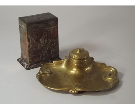 INKWELL ETC. 
A brass ink stand, lacks liner & a Japanese playing card box.