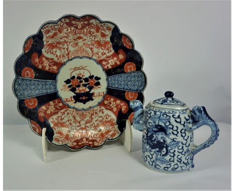 Japanese Imari Plate (circa 19th century) 31cm diameter, With a 20th century Chinese Blue and White Ceramic Tea Pot, 17cm hig
