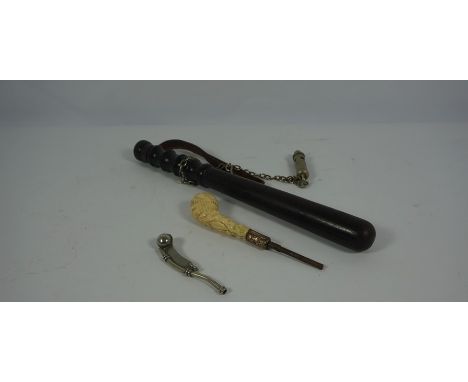 Antique Police Truncheon, With attached Whistle, Stamped for the Metropolitan Police Sunderland Borough, With a Military Bosu