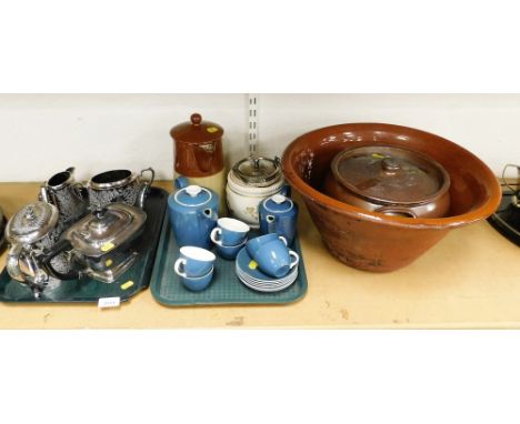 A Sheffield plate three piece tea service, comprising teapot, 200 sugar bowl and milk jug, each pieced decorated with leaves,