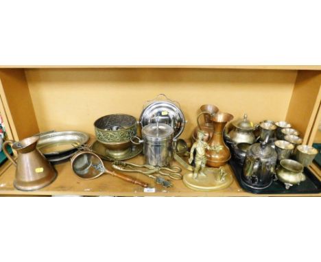 Brassware, copper ware, plated wares, etc, to include brass toasting fork, 46cm long, various plated goblets, 12cm high, copp