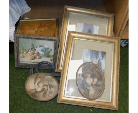 Various pictures, prints, etc, to include Highland Cattle scene, print, 17cm x 25cm, another similar, various Regency style p