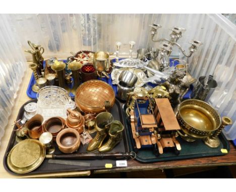 Various plated wares, copper wares, etc., to include copper model bygone taxis 13cm high, desk set, copper rose bowl, Eastern