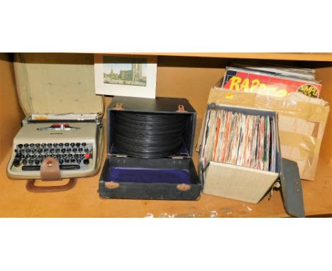 An Olivetti Lettra 22 cased typewriter, print of Westminster Abbey and St Margaret's Church, LP records, Wrappers Delight, Do