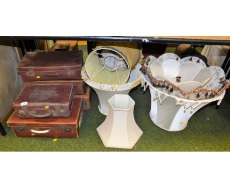 Various pressed leather suitcases, lamp shade, etc. (a quantity)