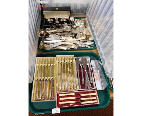 Various flatware, Fiddle pattern ladles, knives with mother of pearl handles, napkin rings, cased sets, etc. (2 trays)