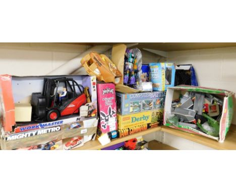 Various toys, to include a Computer Battles Game, Mighty Metro Scalextric set, Wilson baseball mitt and baseball, pair of ska