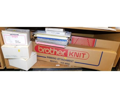 A Brother knitting machine, model KH-881, a Brother ribbing attachment, wool winder, etc. (1 shelf)