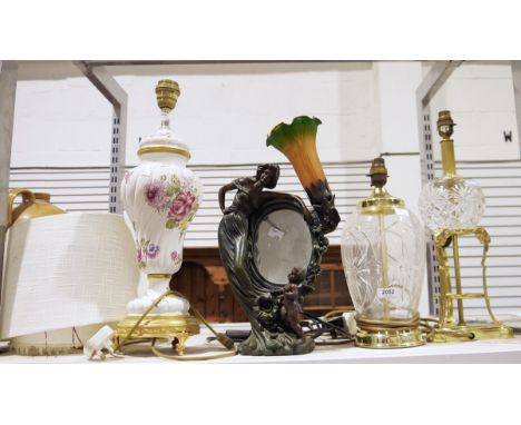 Contemporary Art Nouveau-style lamp and mirror, the lamp modelled as a girl with a cherub and an opaque mustard and green col