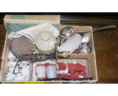 Mixed lot of collectables including silver plate, Crown Devon part coffee set, table lamp, door knobs, stoneware hot water bo