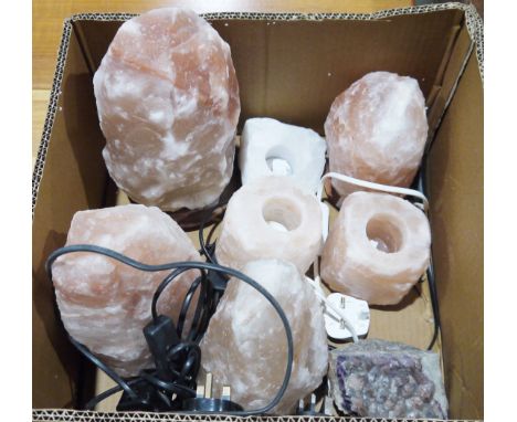 Four various salt lamps, a pair of salt tea light holders, a single salt tea light holder&nbsp;and a mineral specimen of amet
