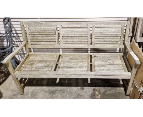 20th century teak three-seater garden bench&nbsp;with slatted seat and base, 90cm high x 158cm wide x 65cm deep&nbsp;