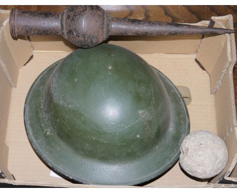 WWII British Army Brodie helmet mark 2, stone cannonball and iron spearhead.
(1 box)Condition ReportAdditional picture added 
