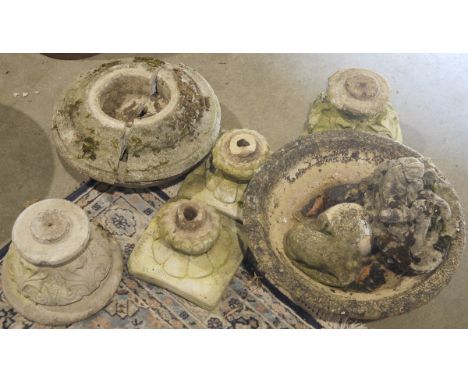 Various small broken bases,&nbsp;a bird bath, another bird bath (damaged), a reconstituted stone model of pig,&nbsp;a figure 