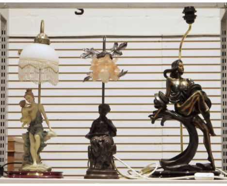 Contemporary Art Nouveau style metal table lamp&nbsp;formed as a glamour girl seated on a curved base, on a circular wooden b